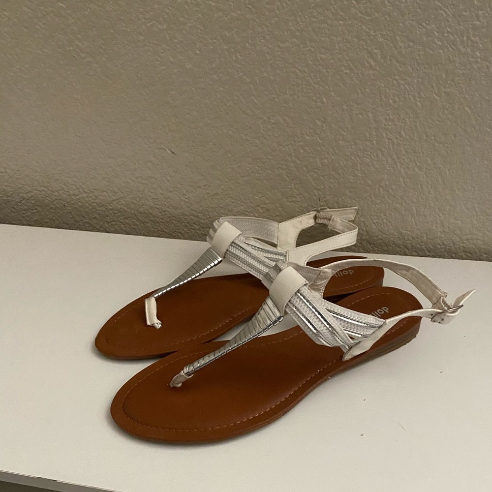 White and Silver T-Strap Sandals
